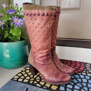 MJUS Italian Studded Red Brown Leather Heel Boots Textured Cut Outs Size 38 US 8